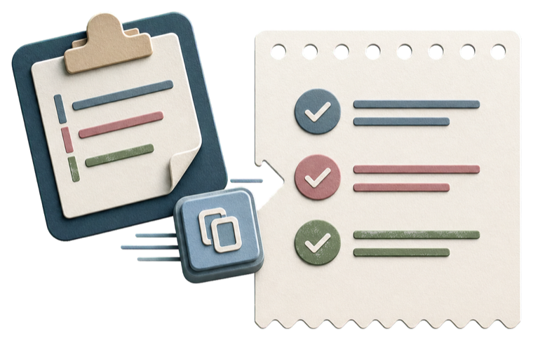 A paper-style illustration of notes becoming an organized capture
