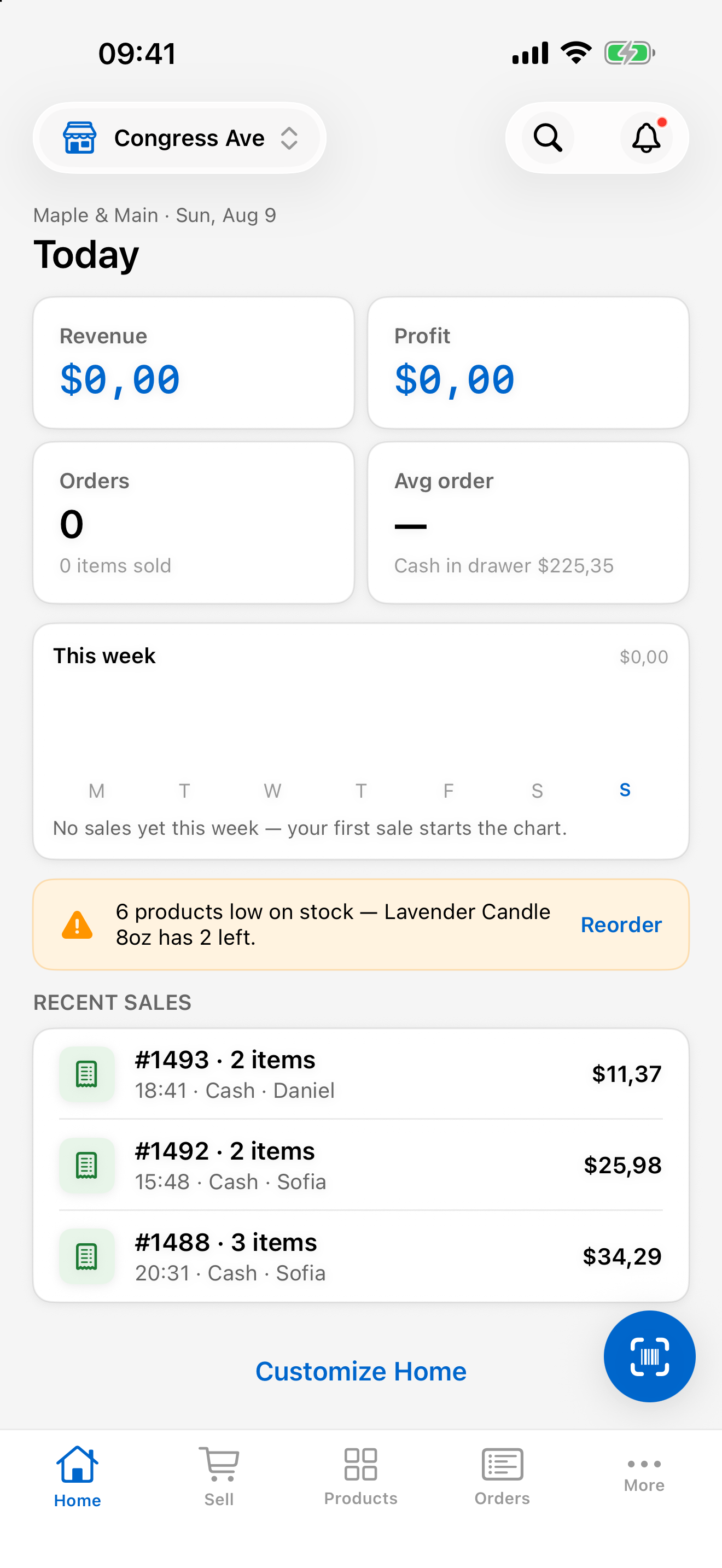 PocketPOS home dashboard on iPhone showing today's revenue and recent sales