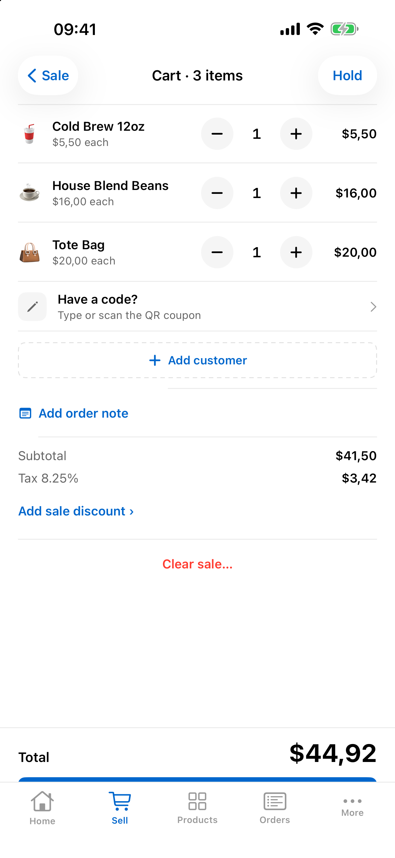 Cart screen with item quantities, subtotal, tax, discount and total