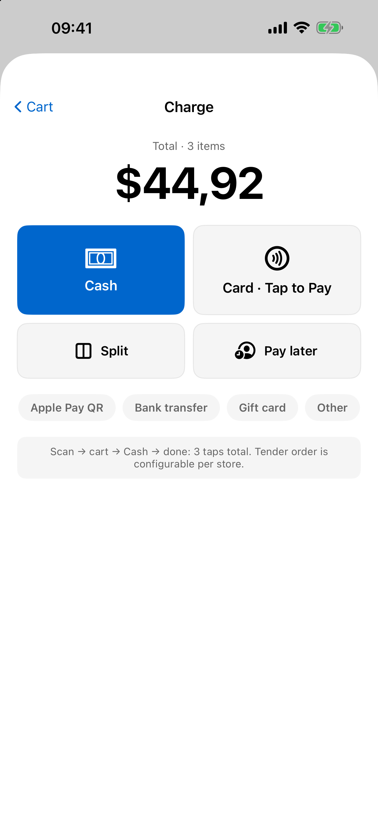 Checkout screen with cash, card, and split payment tenders