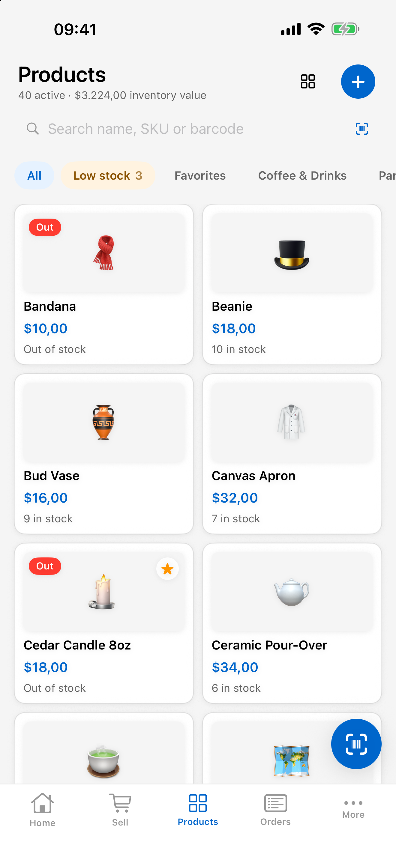Product catalog with prices and stock counts