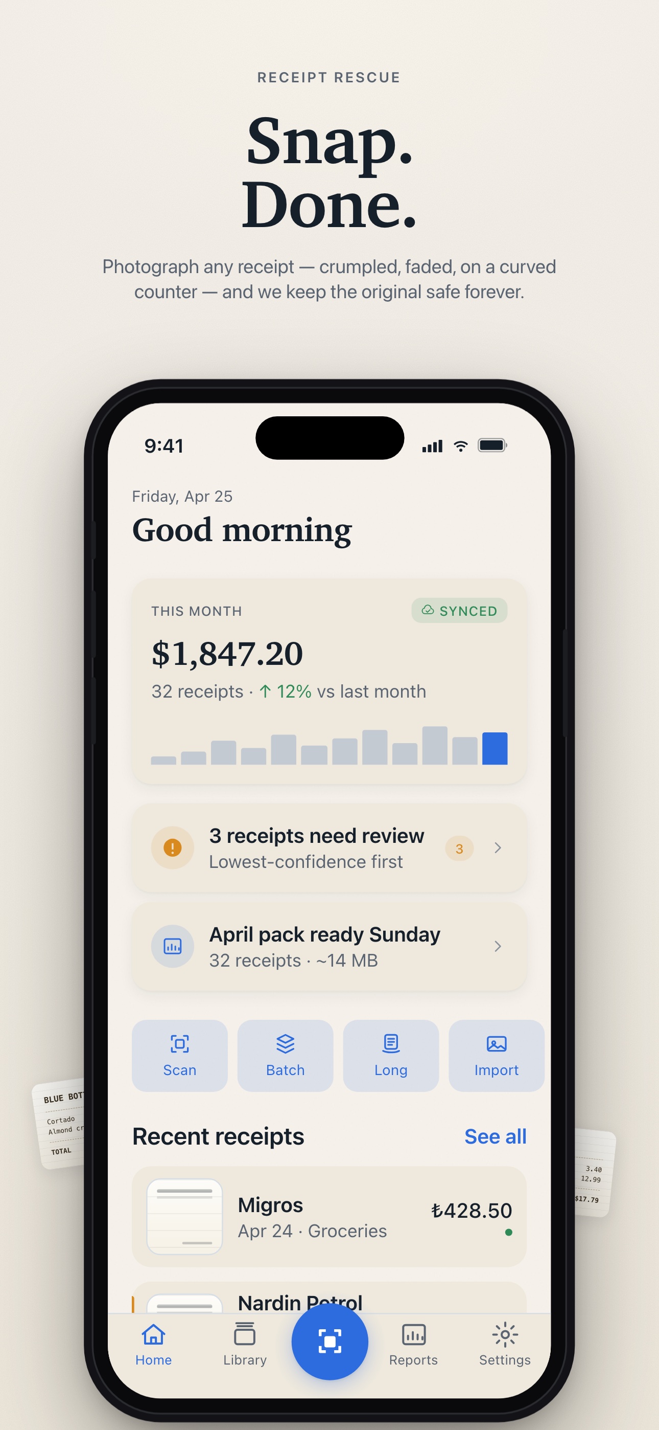 Receipt Rescue dashboard with captured receipts