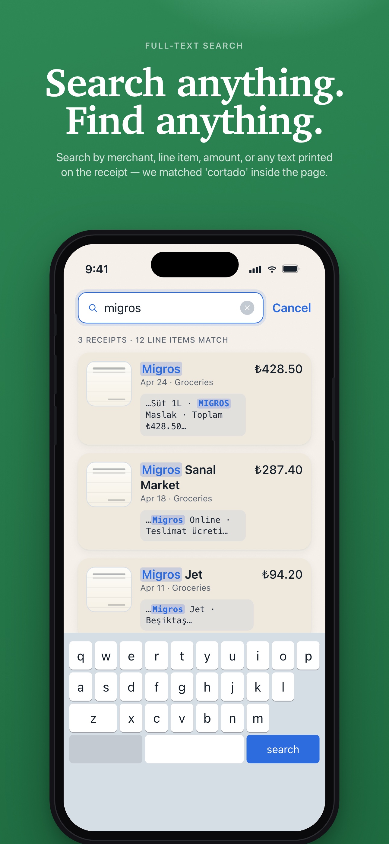 Receipt Rescue searchable receipt text