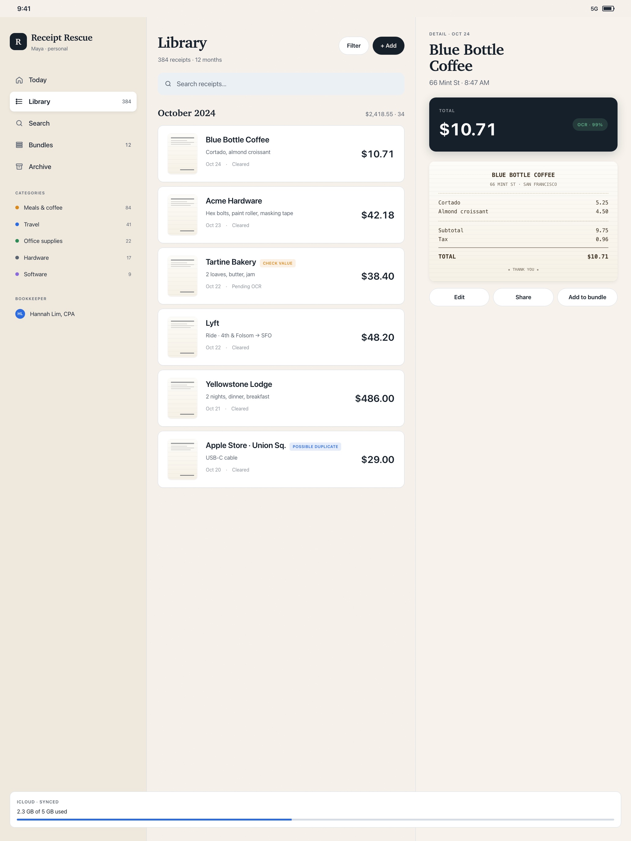 Receipt Rescue iPad library overview